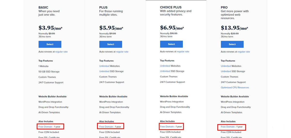 bluehost hosting plans free domain included