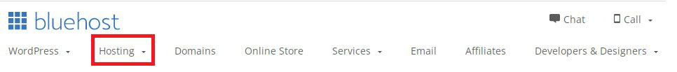bluehost hosting tab menu