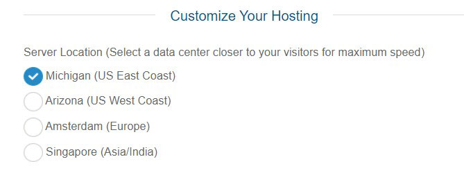 choose a2hosting server location in checkout