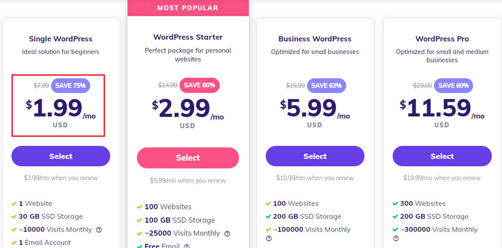 hostinger single wordpress plan price