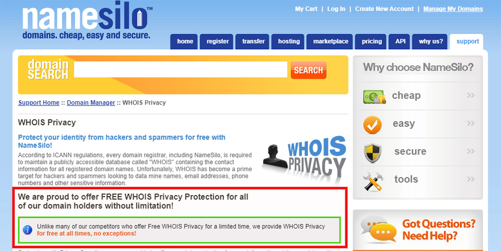 namesilo free domain privacy for life
