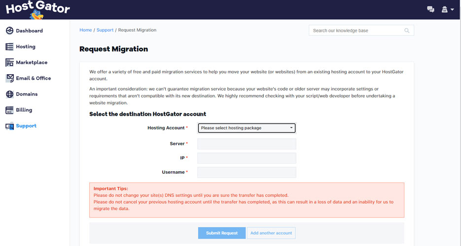 request migration in hostgator