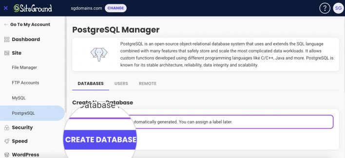 postgresql manager in siteground hosting