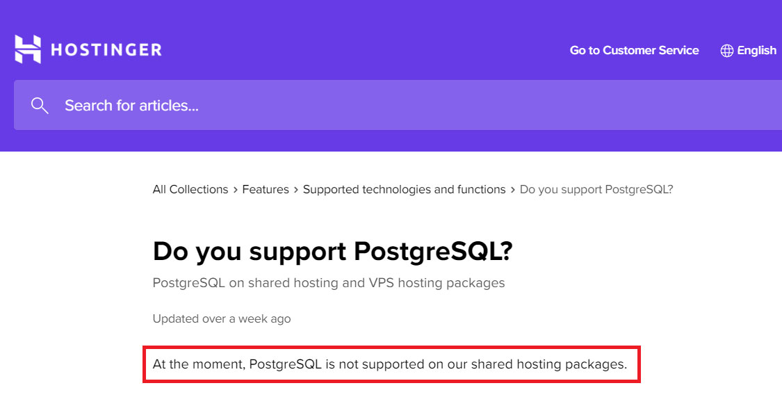 postgresql not supported on hostinger