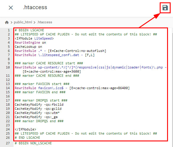 litespeed cache clear using htaccess