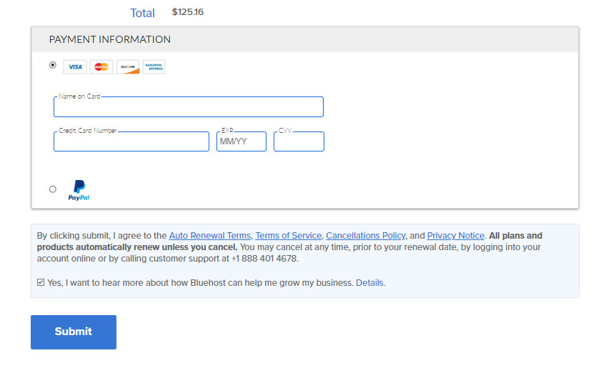 bluehost checkout page