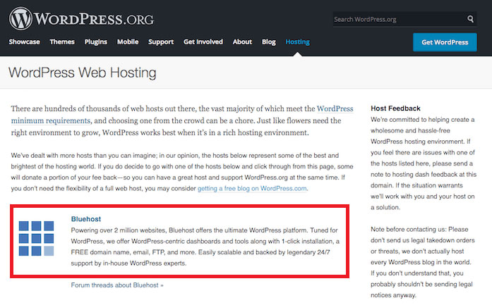 wordpress recommends bluehost