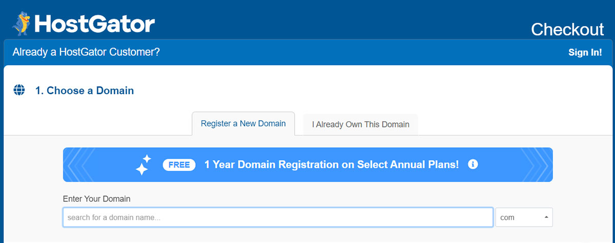 choosing free domain on hostgator