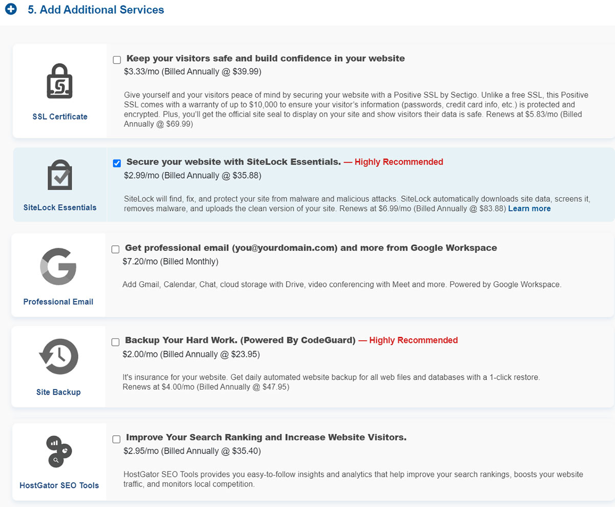 hostgator hosting add ons