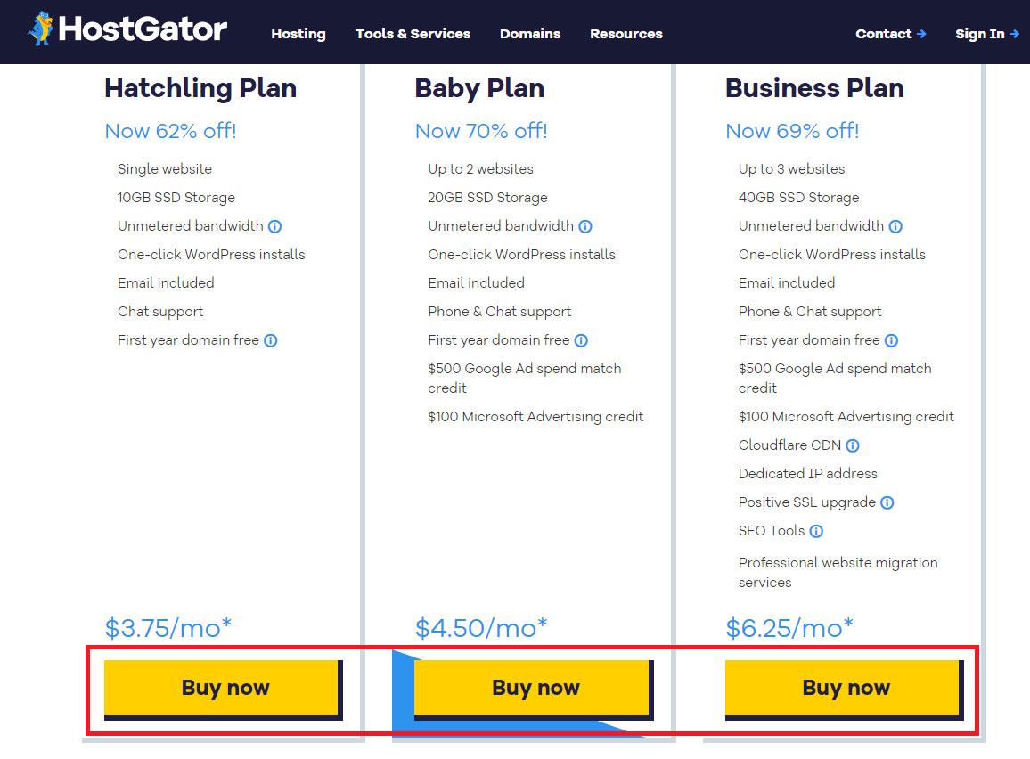 hostgator hosting plans features