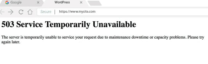 website displaying server unavailability notice