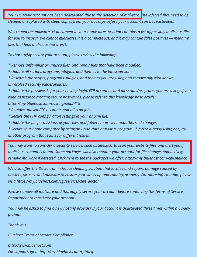 bluehost email regarding account closure