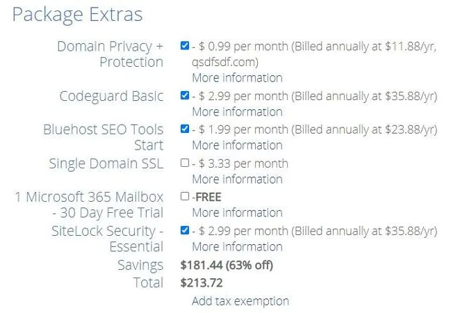 bluehost extra add ons